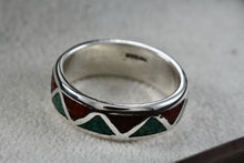 Load image into Gallery viewer, Native American Men&#39;s Silver Turquoise &amp; Red Coral Chip ZigZag Inlay Ring Size 9
