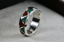 Load image into Gallery viewer, Native American Men&#39;s Silver Turquoise &amp; Red Coral Chip ZigZag Inlay Ring Size 9
