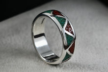 Load image into Gallery viewer, Native American Men&#39;s Silver Turquoise &amp; Red Coral Chip ZigZag Inlay Ring Size 9
