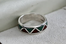 Load image into Gallery viewer, Native American Men&#39;s Silver Turquoise &amp; Red Coral Chip ZigZag Inlay Ring Size 9
