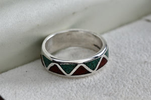 Native American Men's Silver Turquoise & Red Coral Chip ZigZag Inlay Ring Size 9