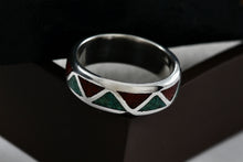 Load image into Gallery viewer, Native American Men&#39;s Silver Turquoise &amp; Red Coral Chip ZigZag Inlay Ring Size 9
