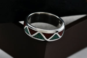 Native American Men's Silver Turquoise & Red Coral Chip ZigZag Inlay Ring Size 9