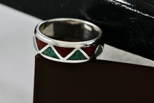 Load image into Gallery viewer, Native American Men&#39;s Silver Turquoise &amp; Red Coral Chip ZigZag Inlay Ring Size 9
