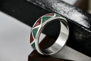 Native American Men's Silver Turquoise & Red Coral Chip ZigZag Inlay Ring Size 9