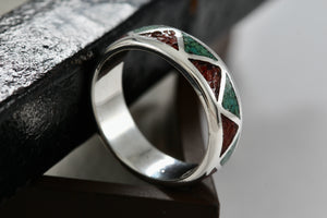 Native American Men's Silver Turquoise & Red Coral Chip ZigZag Inlay Ring Size 9