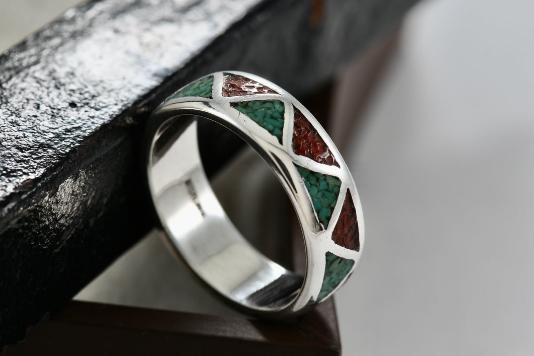 Native American Men's Silver Turquoise & Red Coral Chip ZigZag Inlay Ring Size 9