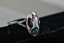 Load image into Gallery viewer, Sterling Silver Oval Signet Native American Stencil Cutout Turquoise Bead Ring Size 5.5
