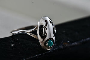 Sterling Silver Oval Signet Native American Stencil Cutout Turquoise Bead Ring Size 5.5