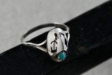 Load image into Gallery viewer, Sterling Silver Oval Signet Native American Stencil Cutout Turquoise Bead Ring Size 5.5
