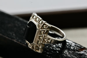 Vintage Uncas Sterling Silver Rhinestone Black Onyx Signet RIng Sing 4