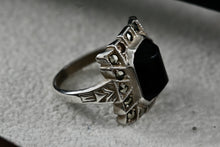 Load image into Gallery viewer, Vintage Uncas Sterling Silver Rhinestone Black Onyx Signet RIng Sing 4
