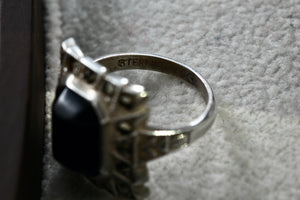 Vintage Uncas Sterling Silver Rhinestone Black Onyx Signet RIng Sing 4