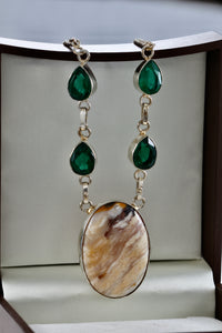 Silver Handmade Large Polished Oval Chalcedony Agate Stone Green Emeralds 20" Necklace