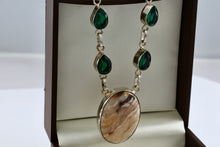Load image into Gallery viewer, Silver Handmade Large Polished Oval Chalcedony Agate Stone Green Emeralds 20&quot; Necklace
