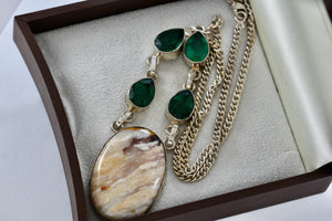 Silver Handmade Large Polished Oval Chalcedony Agate Stone Green Emeralds 20" Necklace