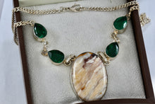 Load image into Gallery viewer, Silver Handmade Large Polished Oval Chalcedony Agate Stone Green Emeralds 20&quot; Necklace
