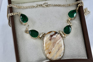 Silver Handmade Large Polished Oval Chalcedony Agate Stone Green Emeralds 20" Necklace