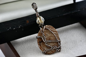 Silver Wire Wrap Oval Jasper Rose Bead Pendant