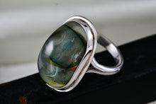 Load image into Gallery viewer, Sterling Silver Art Deco Large Oval Acrylic Ocean Wave Ring Dome Glass Ring Size 9
