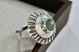 RVT Navajo Native American Vintage Silver Green Jade Bead Round Shield Dome Ring Size 9.5