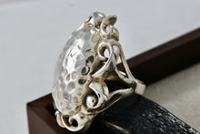 Load image into Gallery viewer, Sterling Silver Large Hammered Oval Dome Scroll Accent Ring Size 7
