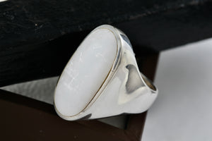 Sterling Silver Elongated Oval Pearl Inlay Signet Ring Size 6.5