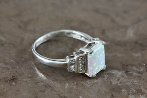 Sterling Silver Emerald Cushion Cut Opal CZ Diamonds Ring Size 7