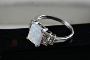 Sterling Silver Emerald Cushion Cut Opal CZ Diamonds Ring Size 7