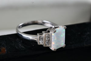 Sterling Silver Emerald Cushion Cut Opal CZ Diamonds Ring Size 7