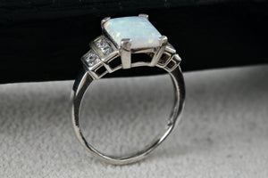 Sterling Silver Emerald Cushion Cut Opal CZ Diamonds Ring Size 7