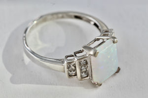 Sterling Silver Emerald Cushion Cut Opal CZ Diamonds Ring Size 7