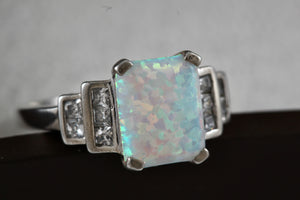 Sterling Silver Emerald Cushion Cut Opal CZ Diamonds Ring Size 7