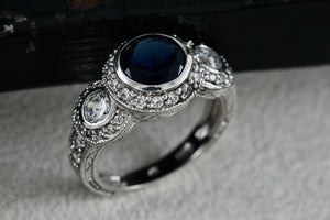 Sterling Silver CZ Diamonds Blue Sapphire Cocktail Engagement Ring Size 7