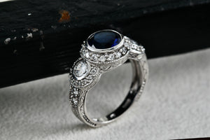 Sterling Silver CZ Diamonds Blue Sapphire Cocktail Engagement Ring Size 7