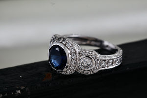 Sterling Silver CZ Diamonds Blue Sapphire Cocktail Engagement Ring Size 7