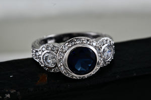 Sterling Silver CZ Diamonds Blue Sapphire Cocktail Engagement Ring Size 7