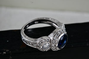 Sterling Silver CZ Diamonds Blue Sapphire Cocktail Engagement Ring Size 7