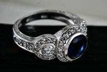 Load image into Gallery viewer, Sterling Silver CZ Diamonds Blue Sapphire Cocktail Engagement Ring Size 7
