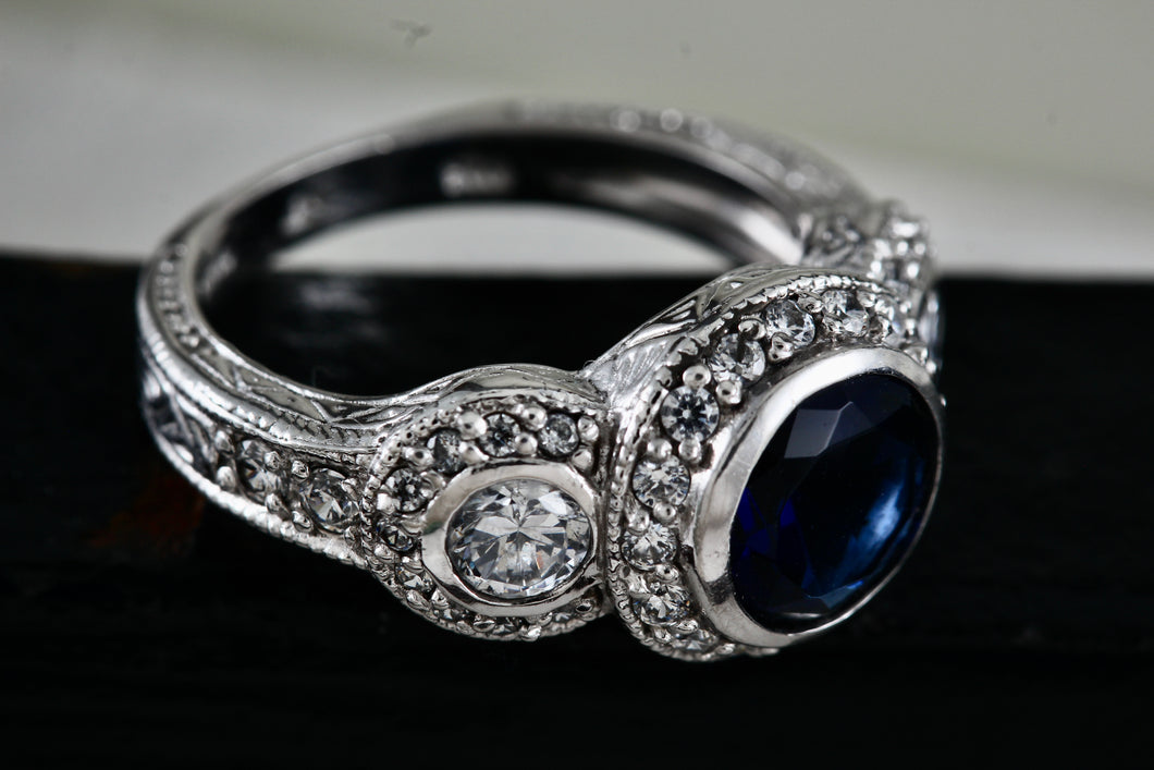 Sterling Silver CZ Diamonds Blue Sapphire Cocktail Engagement Ring Size 7