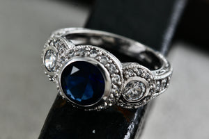 Sterling Silver CZ Diamonds Blue Sapphire Cocktail Engagement Ring Size 7