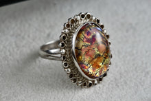 Load image into Gallery viewer, Mexico MFG Art Deco Silver Glass Acrylic Gold Flakes Oval Dome Hand Made Ring Size 5
