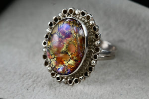Mexico MFG Art Deco Silver Glass Acrylic Gold Flakes Oval Dome Hand Made Ring Size 5