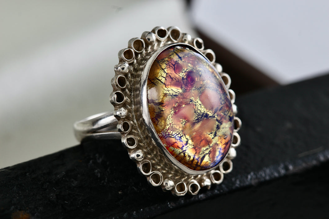 Mexico MFG Art Deco Silver Glass Acrylic Gold Flakes Oval Dome Hand Made Ring Size 5