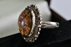 Mexico MFG Art Deco Silver Glass Acrylic Gold Flakes Oval Dome Hand Made Ring Size 5