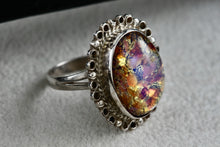 Load image into Gallery viewer, Mexico MFG Art Deco Silver Glass Acrylic Gold Flakes Oval Dome Hand Made Ring Size 5

