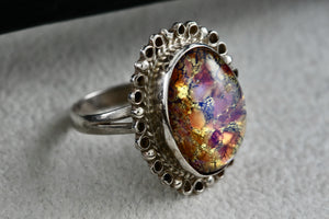 Mexico MFG Art Deco Silver Glass Acrylic Gold Flakes Oval Dome Hand Made Ring Size 5