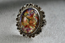 Load image into Gallery viewer, Mexico MFG Art Deco Silver Glass Acrylic Gold Flakes Oval Dome Hand Made Ring Size 5
