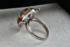 Mexico MFG Art Deco Silver Glass Acrylic Gold Flakes Oval Dome Hand Made Ring Size 5