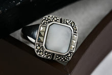 Load image into Gallery viewer, Sterling Silver Square Rhinestone Pearl Inlay Signet Ring Size 8.5
